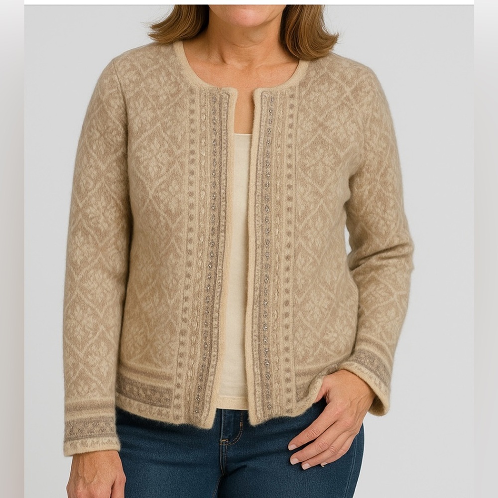 Coldwater Creek Beige‎ Fair Isle Full Zip Cardigan Sweater Size Small  Beaded